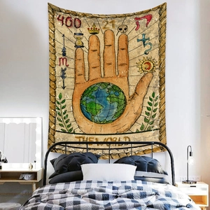 Detail view of retro World Tarot tapestry showing mystical patterns on a bedroom wall