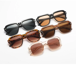 Detailed flat lay of square vintage sunglasses in black, tortoise, and transparent frames