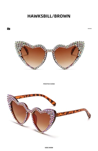 Detailed front and side views of heart-shaped sunglasses with colorful rhinestone accents