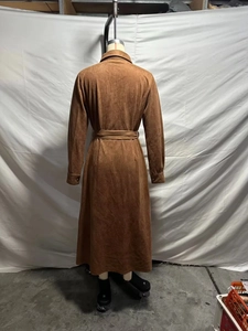 Back view of brown faux suede shirt dress with waist tie belt and long sleeves