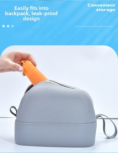 Grey leather toiletry bag with leak-proof orange silicone bottles for travel storage