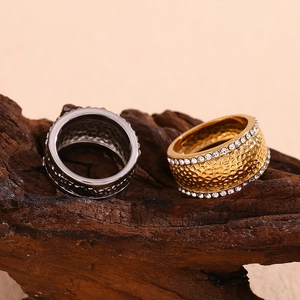 Vintage hammered stainless steel rings in gold and silver finish with white crystals