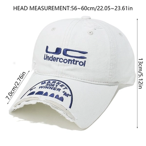 Detailed size specifications of white distressed cotton baseball cap with blue embroidery