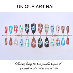 Detailed set of 24 almond press-on nails featuring 3D flowers, plaid and dots
