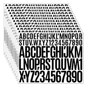 Detail showing a stack of ten waterproof black vinyl letter and number stickers for DIY use