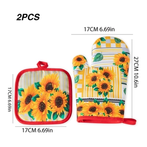 Set 2 pezzi guanto da forno e presina con girasoli, termoisolante per alte temperature