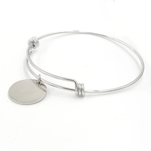Minimalist adjustable stainless steel wire bangle with polished round blank charm tag