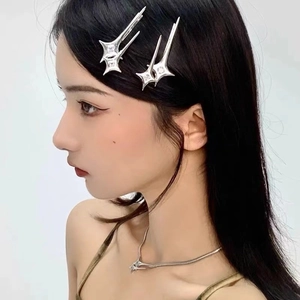 Y2K silver star hair clips and matching necklace set for women on model