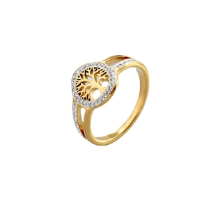 Elegant gold tree of life stainless steel ring with micro-pave crystals on white backdrop