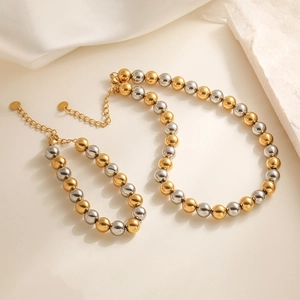 Minimalist 18K gold and silver plated stainless steel bead necklace and bracelet jewelry set