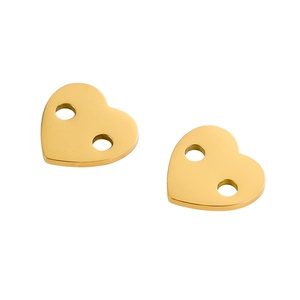 Detailed view of two polished gold heart charms with dual connection holes for jewelry DIY