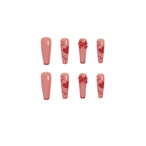 Pink long trapezoid press-on nails with red heart prints and 3D bow decorations