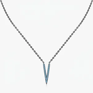 V Shape Pendant Necklace 925 Sterling Silver With Blue Synthetic Turquoise Retro Black Plated Geometric Jewelry For Women