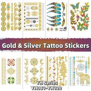Metallic Temporary Tattoo Stickers Waterproof Gold Silver Bronzing Bohemian Mandala Butterfly Feather Retro Body Art Decor
