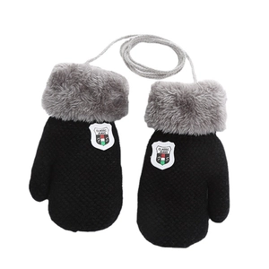 Winter knitted mittens for toddlers 1-4 years with plush lining, fur trim and neck strap