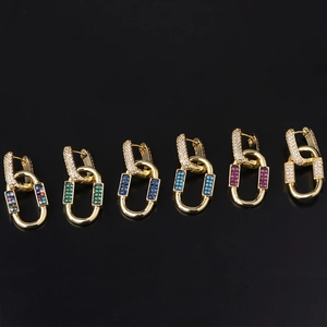 Bohemian gold plated geometric oval link earrings set with colorful zircon crystals