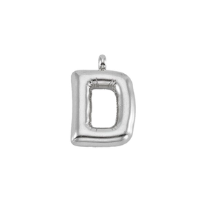 Detail shot of a silver puffy letter D pendant with a smooth balloon-inspired metallic finish