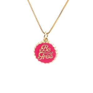 18K gold plated necklace with pink enamel bottle cap pendant and Be Free lettering