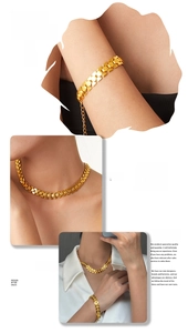 Detail of 18k gold plated geometric link necklace and bracelet set on model skin