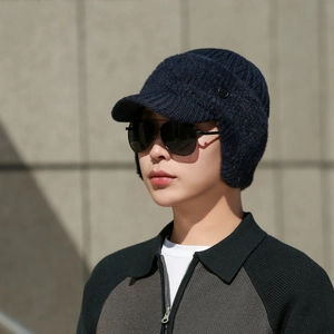 Navy blue winter knitted earflap hat for elderly men with visor and warm fleece lining