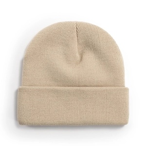 Classic light beige cuffed knit beanie with fine texture and warm elastic design