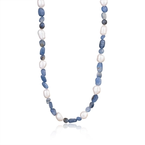Detail of natural blue stone beads and white baroque pearls on a stainless steel necklace