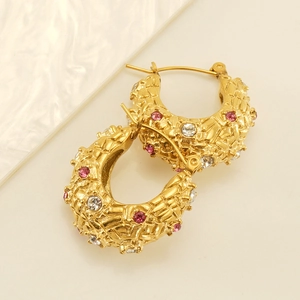 Textured 18K gold plated stainless steel hoop earrings with red and white rhinestones