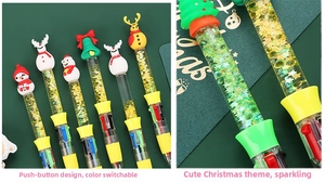 Detail of Christmas multi-color ballpoint pen with festive glitter quicksand and snowman topper
