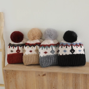 Cappello In Maglia Per Bambini Fair Isle Jacquard Ispessito Caldo Inverno Con Pompon In Finta Pelliccia Vintage Ragazzi Ragazze