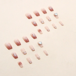 Rosa Gradient Sargnägel Set mit süßer Hase-Kunst, Rosa Karo und 3D-Silberherzen