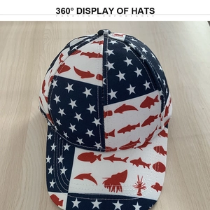Detailed 45-degree angle view of American flag fish print on a sports baseball cap