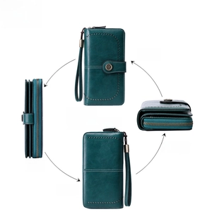 Deep green RFID blocking leather trifold long wallet for women with multi-angle views