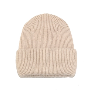 Beige angora rabbit fur knit beanie for women featuring thick ribbed vertical stripes