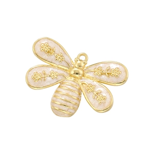 Golden enamel honey bee pendant with white glitter wings for DIY jewelry making