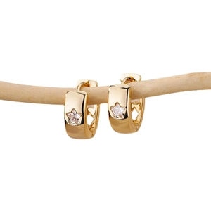 Polished gold C-shaped hoop earrings with star zircon and heart cutout details