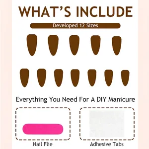 Size guide for almond-shaped press-on nails with bow design and measurement details