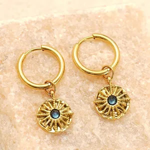 Sunburst Pendant Hoop Earrings 18K Gold Plated Stainless Steel With Blue Zircon Retro Geometric Round Jewelry For Women