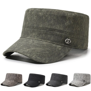Vintage Washed Polyester Cadet Cap For Men Women Solid Color Military Hat With Metal Buckle Sunshade Flat Top Outdoor Hat