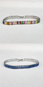 Macro view of gun black tennis bracelets with colorful baguette-cut zircon gemstones
