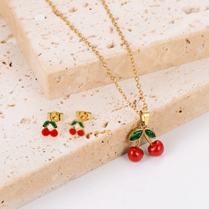 Stainless steel jewelry set featuring red cherry pendant necklace and stud earrings