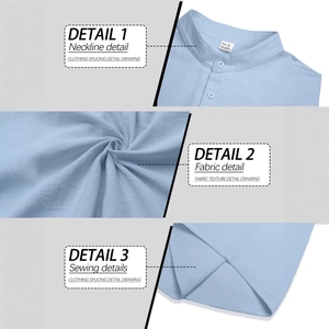 Men's light blue long sleeve cotton linen shirt with mandarin collar detail and texture