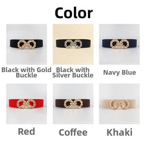 Close-up of six elastic waist belts with interlocking metal rings in various colors