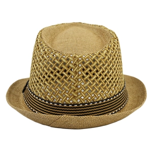 Close-up of khaki straw sun hat with large mesh holes and striped decorative band
