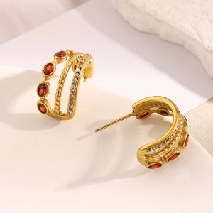 Three-layer 18K gold plated C-shaped earrings with red zircon and sparkling crystals
