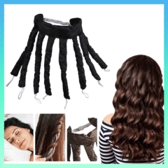 Detail view of black heatless hair curler set showing usage steps and final wave results