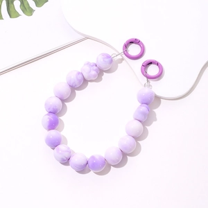Purple acrylic beaded phone strap with cute cat paw charm and matching round metal clasps