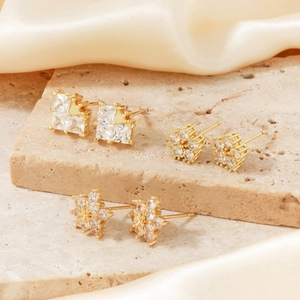 Chic Geometric Stud Earrings Copper Inlaid Zircon Floral Square Shape Elegant Versatile Jewelry For Women