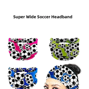 Macro detail of extra wide soccer headbands in pink, green, and blue elastic fabric