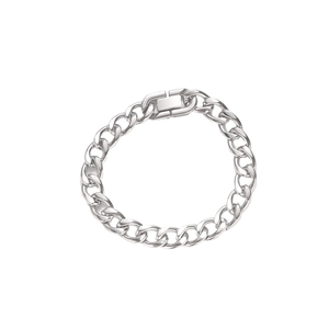 Polished silver stainless steel Cuban link bracelet with rectangle clasp on white background