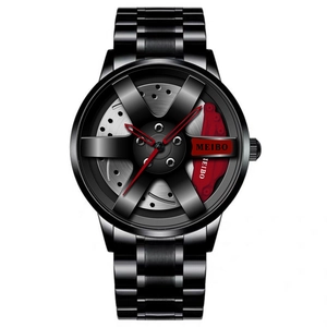 Men's quartz watch featuring a black car wheel rim dial with red brake caliper accents